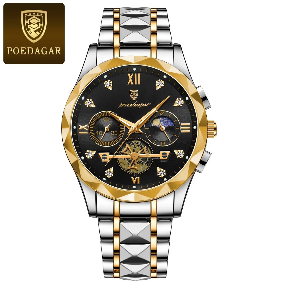Luxury Gold Black Quartz Waterproof Luminous Stainless Steel Watch
