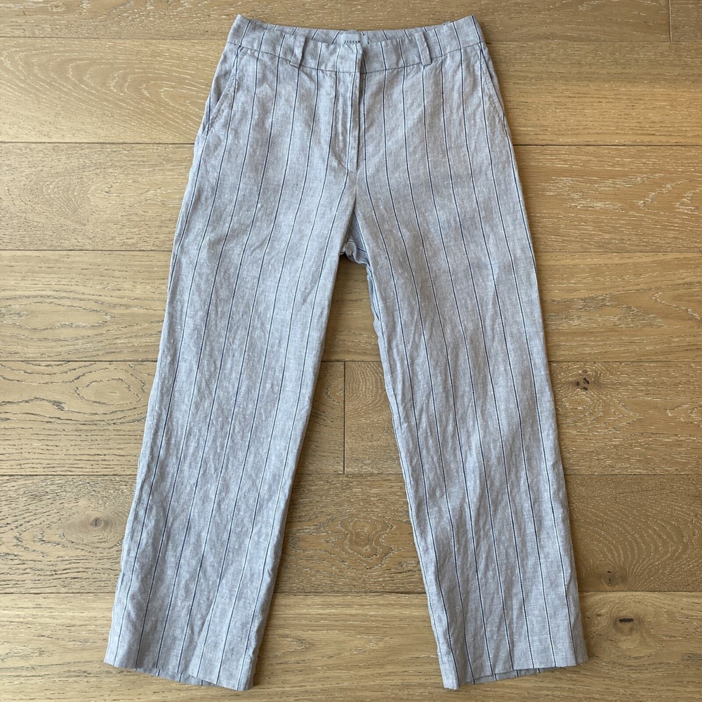 Jigsaw Linen Trousers Womens UK 8 Grey Striped Cropped Ankle Resort Holiday