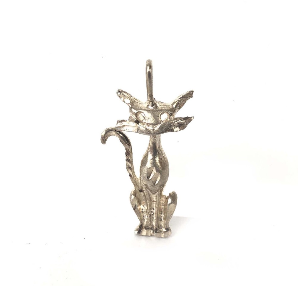 Modernist Kitty Cat Pendant Diamond Cut Sterling Silver 925 Pre-Owned Estate