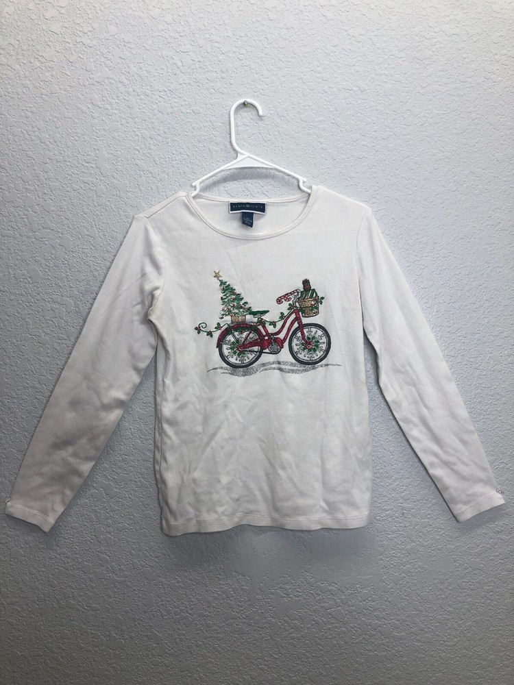 Karen Scott White T-Shirt Christmas Bike Long Sleeve Round Neck Size XS 