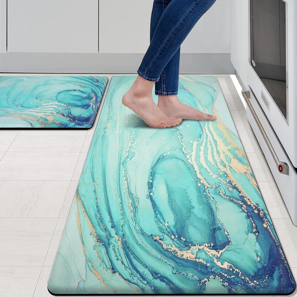 Teal Marble Gold Non Slip PVC Anti Fatigue Kitchen Rugs Set of 2