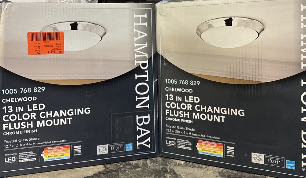 (2) Hampton Bay Chelwood 13 in. Chrome Selectable LED Flush Mount Ceiling light