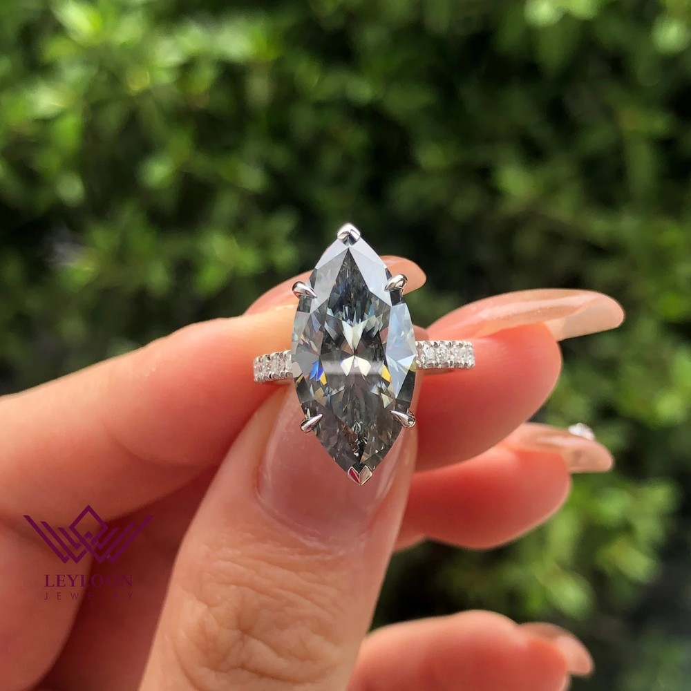 8 Carat Marquise Gray Moissanite Ring with Hidden Halo in 18K Gold