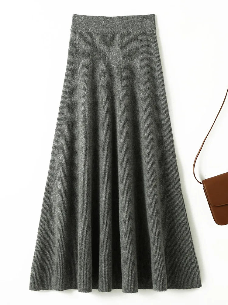Women 100% Merino Wool Knitted A Line Skirt Autumn Winter High Waist Preppy