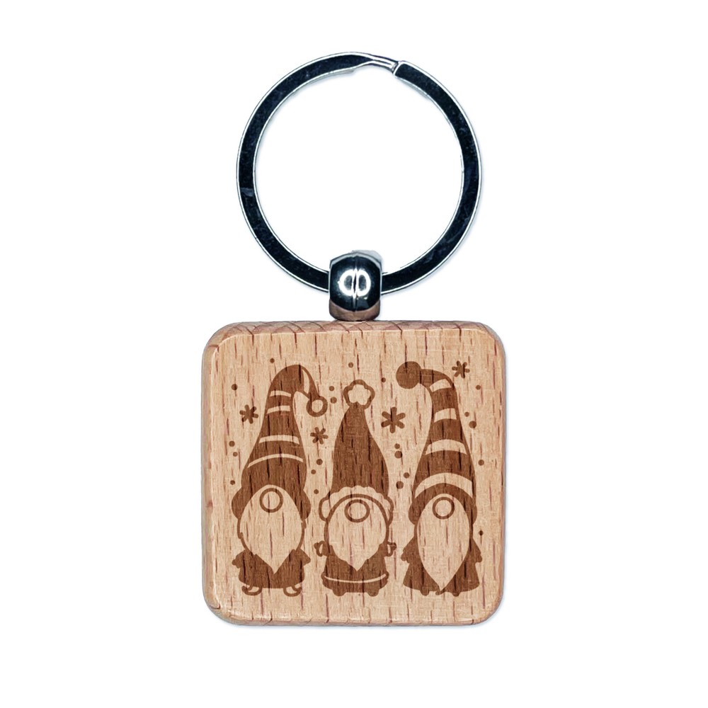 Christmas Gnome Trio Engraved Wood Square Keychain Tag Charm