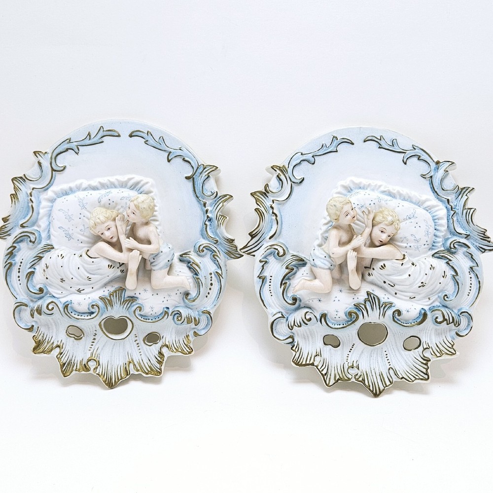 Vintage Victorian Bisque Porcelain Mother & Baby Boy Putti Wall Plaques Set of 2