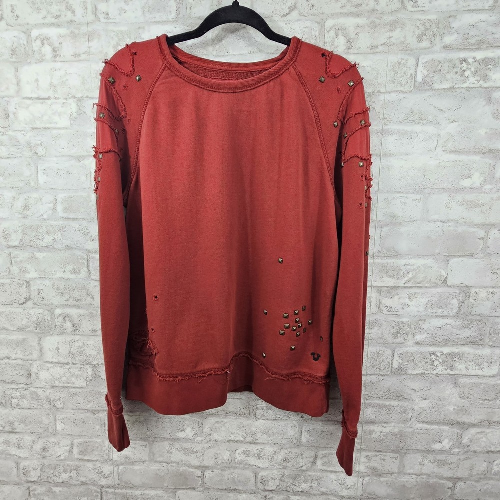True Religion Distressed Studded Womens Red Sweatshirt Size L