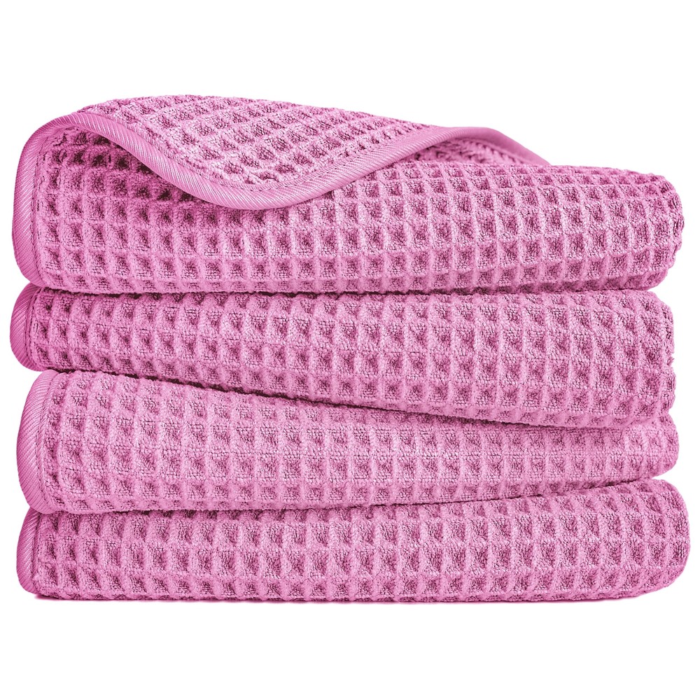 Pink Microfiber Hand Towel 16x30 Inch 4 Pack Waffle Weave Quick Dry Lint Free