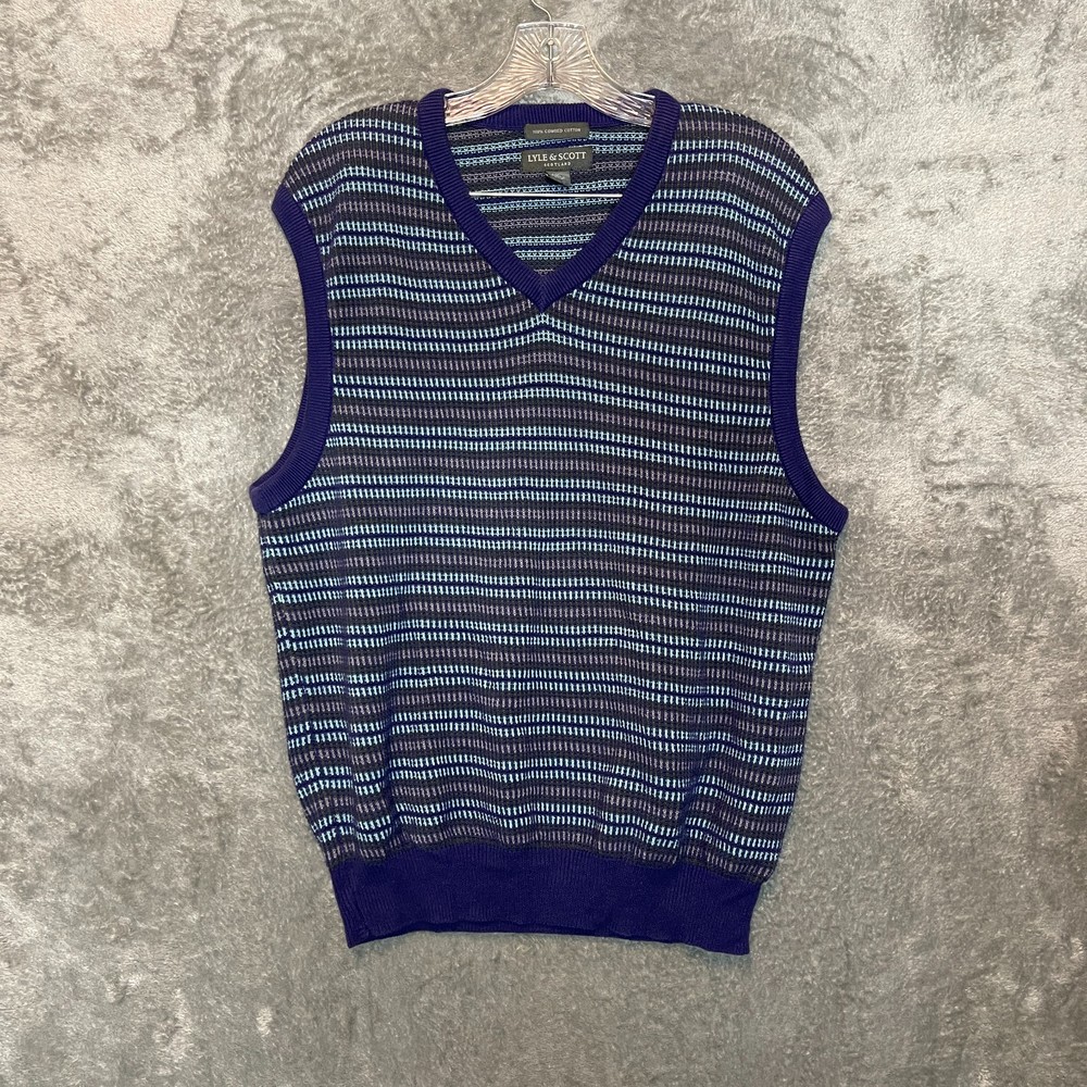 Lyle Scott Scotland Men Combed Cotton Striped Preppy Knit Sweater Vest M Blue