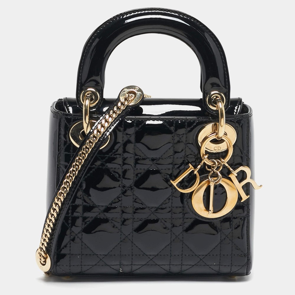 Dior Lady Dior Mini Black Cannage Patent Leather Tote