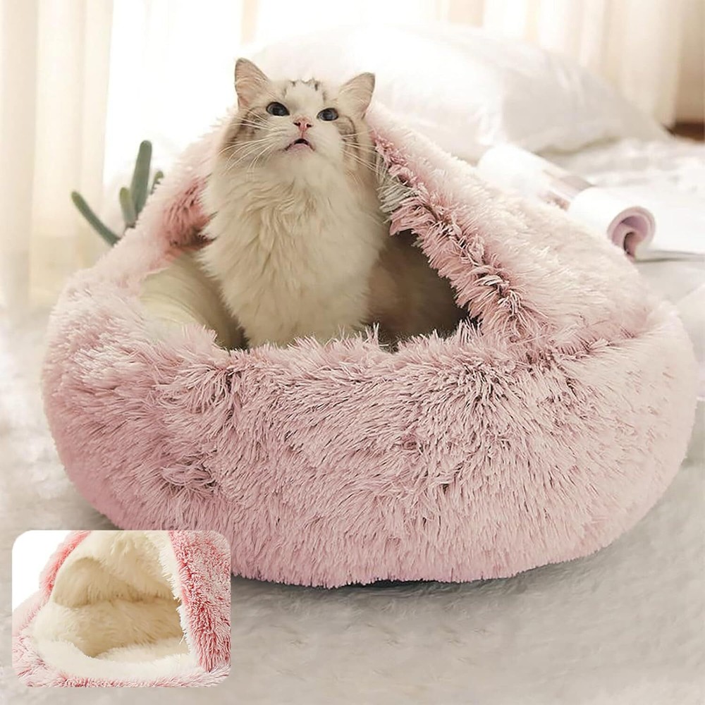Cat Bed Cave Round Plush Fluffy Hooded Cat Bed Donut Self Warming Pet Dog Bed