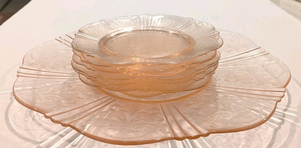Vintage Macbeth Evans Pink American Sweetheart Depression Glass Cake Plate Set  