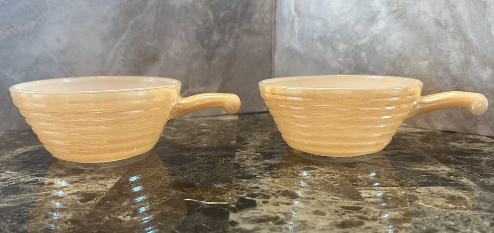 Vintage Set of 2 Fire King Peach Luster Beehive Soup Bowls with Handles