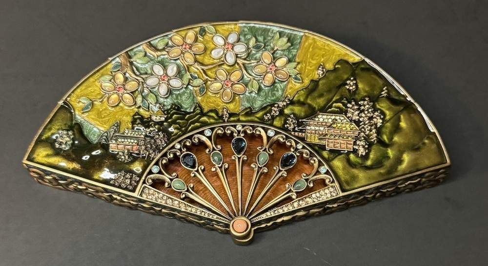 Jay Strongwater Chinese Theme Hand Fan Enamel Jeweled Trinket Box