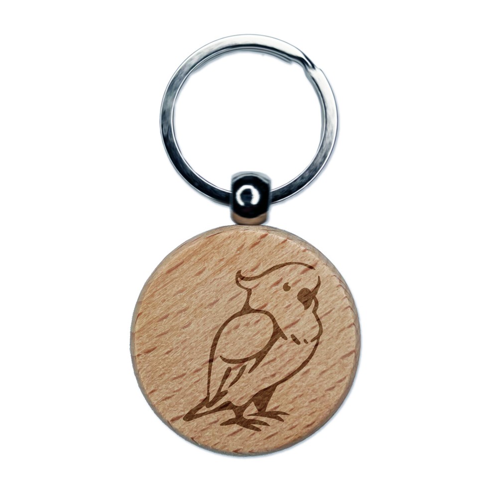 Standing Cockatoo Parrot Bird Engraved Wood Round Keychain Tag Charm