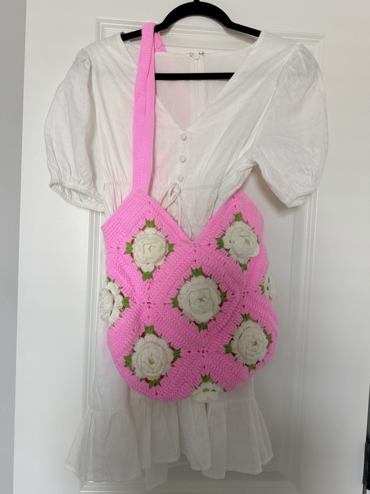 New Handmade Crochet Rose Flower Granny Square Women Shoulder Bag