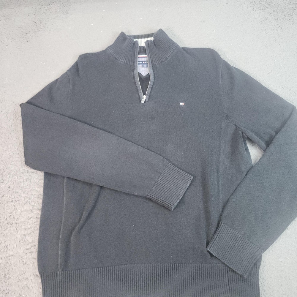 Tommy Hilfiger Sweater Mens Large Black Quarter Zip Mock Neck Knit Pullover