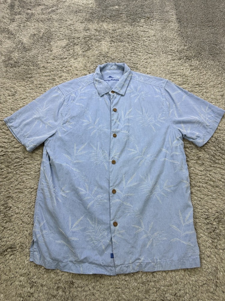Tommy Bahama Shirt Mens Medium Blue Floral Silk Hawaiian Tropical Beach Island