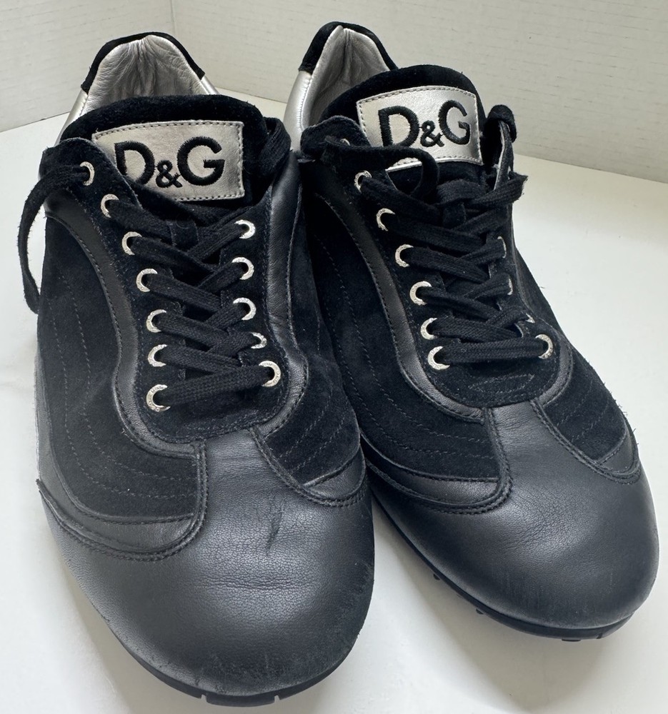 Dolce and Gabbana Mens Swan Black & Silver Leather Sneakers - US SIZE 10