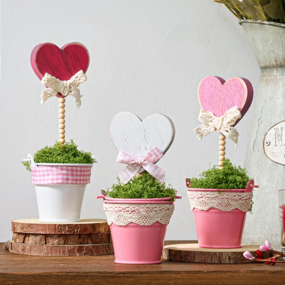 Valentines Day Decor: Rustic Candy Heart Mini Potted Wooden Sign Set 3Pcs, He...