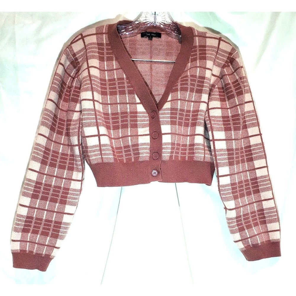 Pink Plaid Cropped Cardigan for Women - Button Front Love Tree Sweater in Large