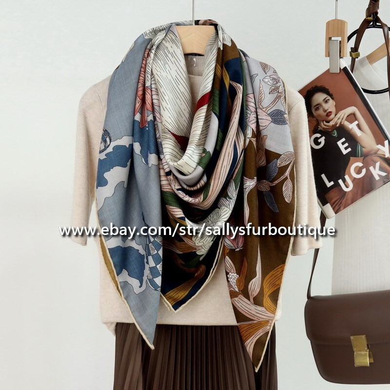 Sallys 70% Cashmere 30% Silk Double Face Floral Check Shawl Scarf 53 Inch