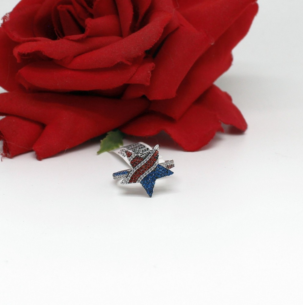 Sterling Silver Red White Blue CZ Star JTV USA  Ring Size 8 3.65g CAT RESCUE