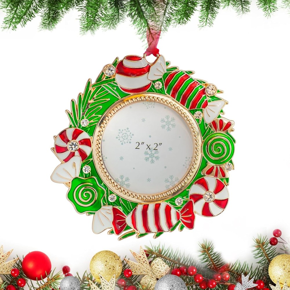 SUCUROO Candy Cane Christmas Tree Frame Ornament Holds 2 Photos Holiday Decor