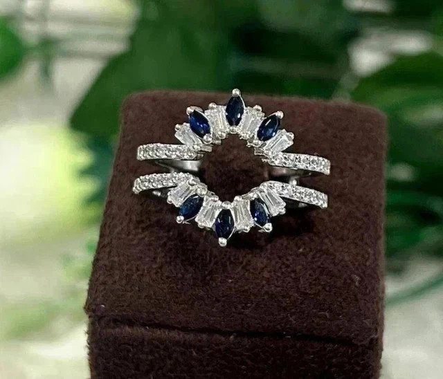 14K White Gold Plated 2Ct Marquise Lab-Created Sapphire Wrap Enhancer Guard Ring