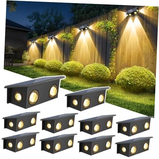 10 Pack Solar Fence Lights 3000K Warm White Outdoor Powered