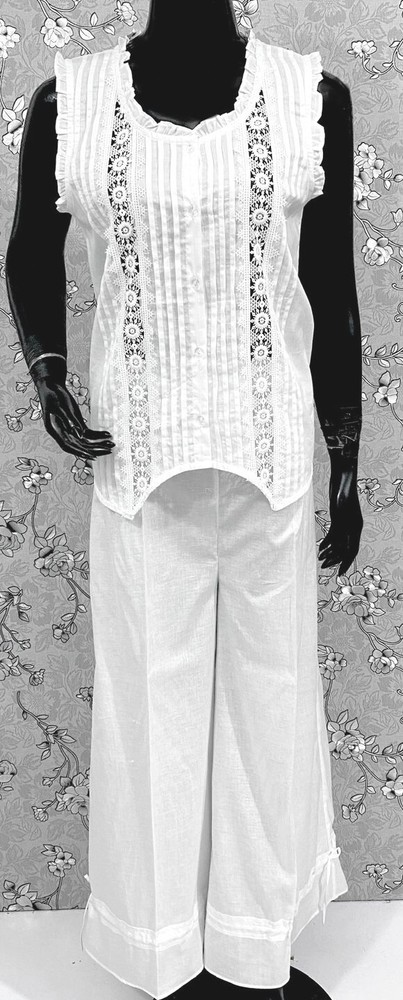 Victorian White 100% Cotton Pajama Set with Wide Leg Pants - SoieRose SR1175