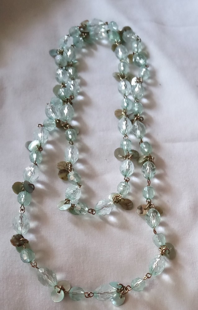Unique Crystal Necklace Bluish Green Leaf Motif  Women's 36 Inches Free Shipping