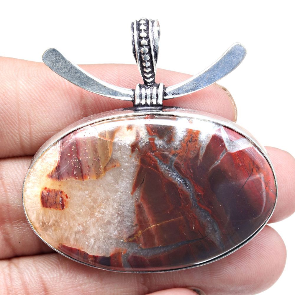 Jasper Gemstone Silver Pendant Necklace Gift for Women 2 Inch
