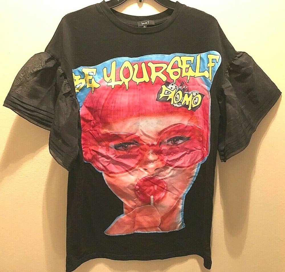 LOVE J Be Yourself Black Pink Lollipop Rock Pop Gothic T-shirt Ruffle Sleeve S