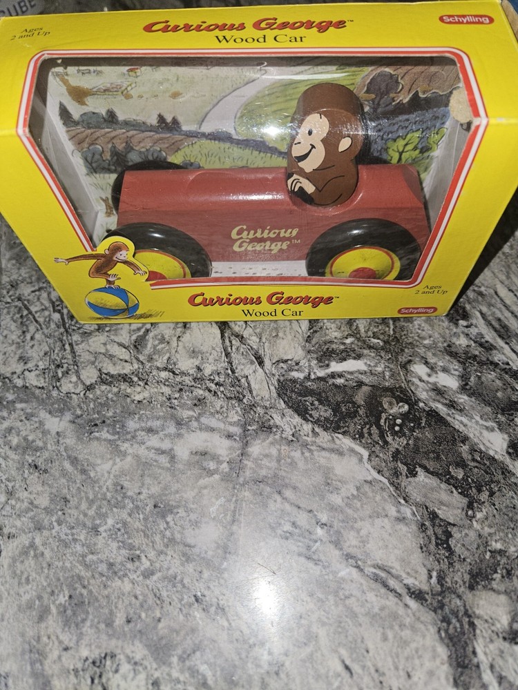 Vintage Schylling Curious George Wooden Derby Race Car Toy Monkey