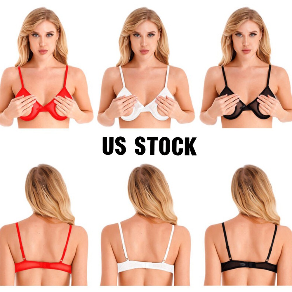 Womens Bra Tops Mesh Sheer Open Cups Hollow Out Brassiere Breast Underwear