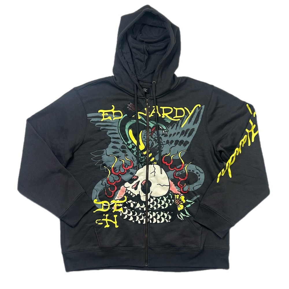 Ed Hardy Gray Big Logo Skull Cobra Snake Fire Zip Up Hoodie Men's XL