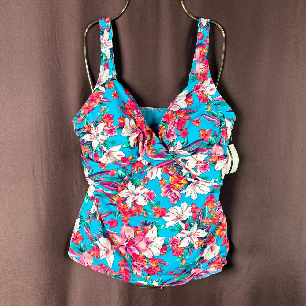 Lands End Womens Plus Size 14-22W Floral V-Neck Wrap Underwire Tankini Swimsuit in 14 LONG