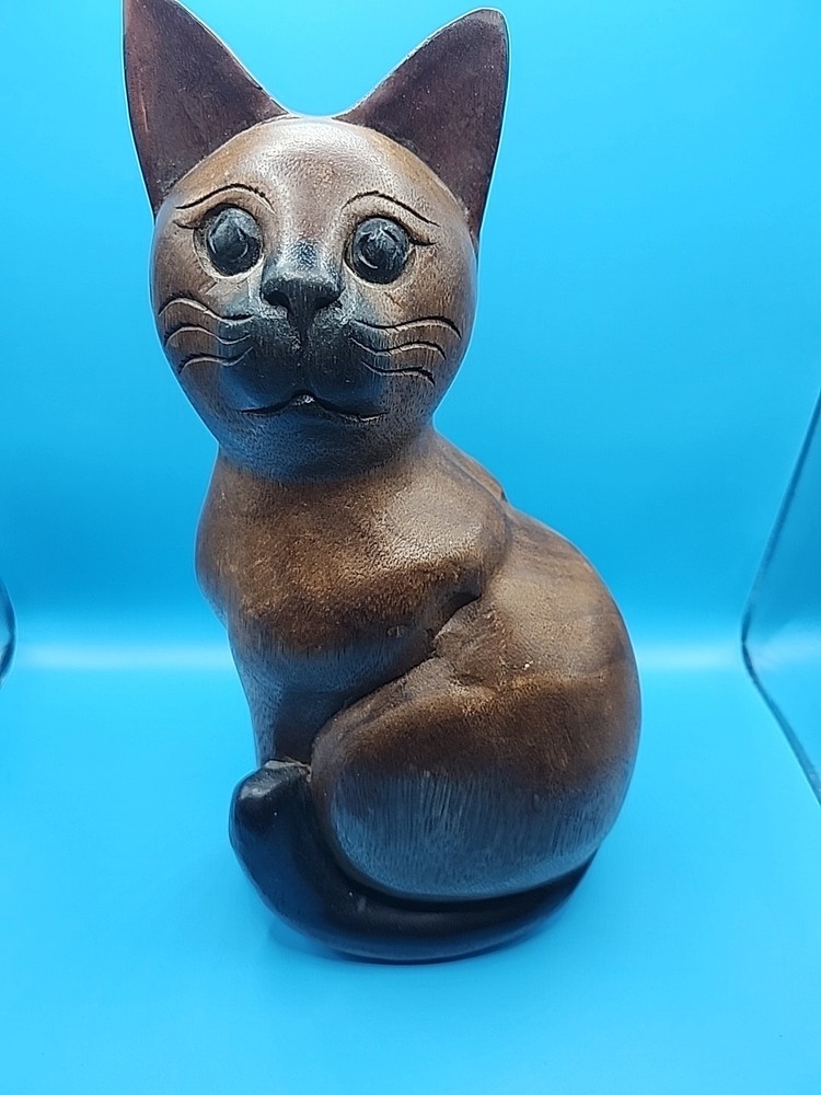 Hand Carved Wooden Sitting Cat 12