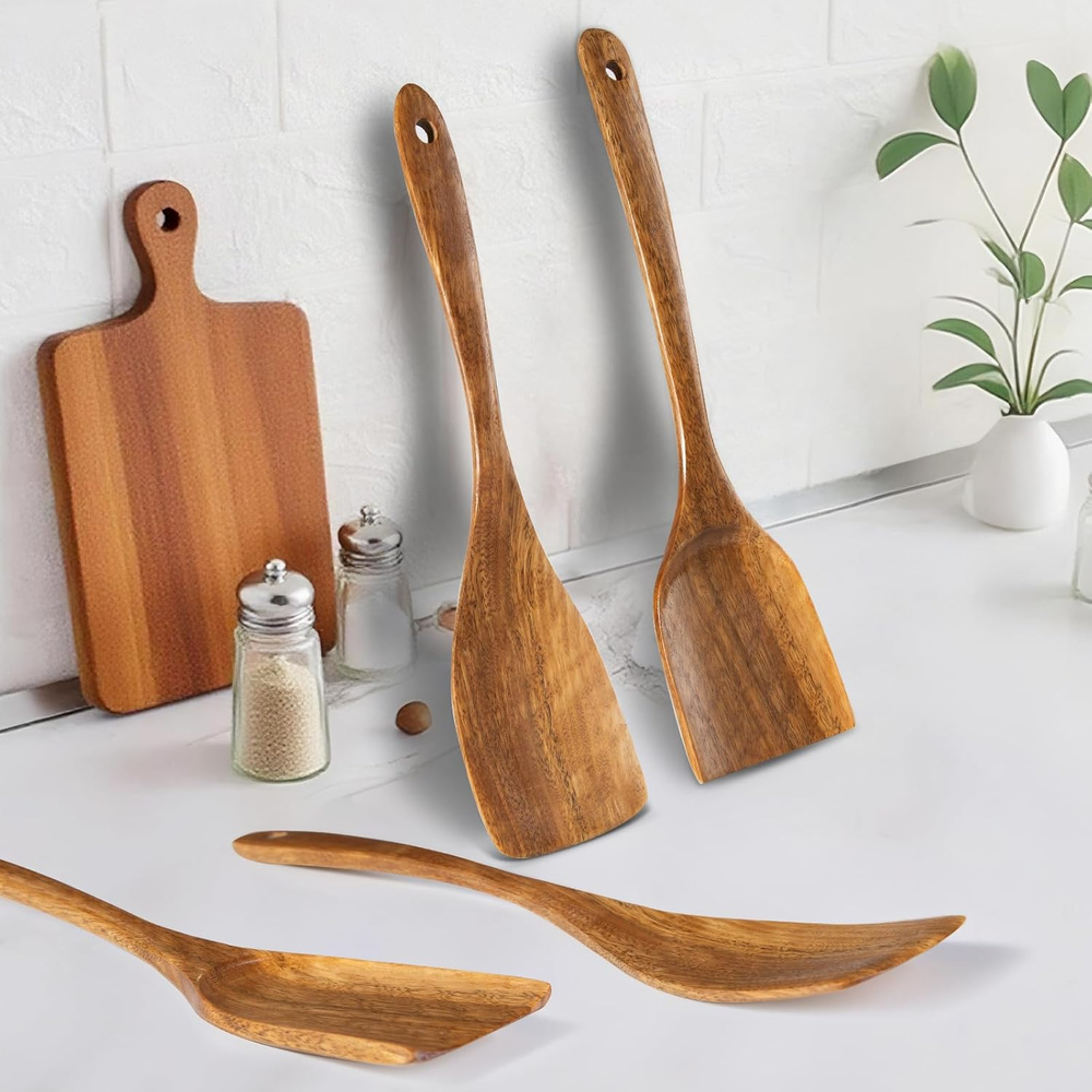 Wooden Spatulas, 2 Pcs Natural Acacia Wooden Cooking Utensils Set for Non-Stick