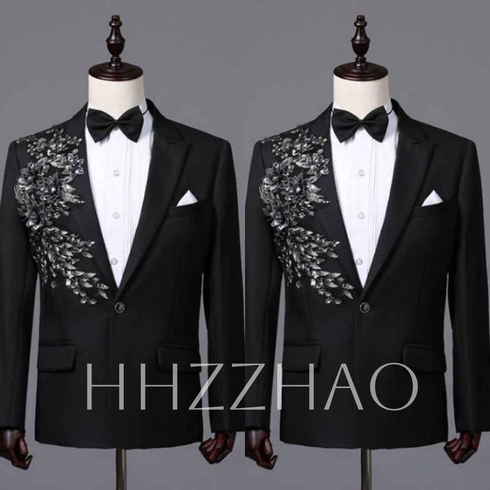 Luxury Beaded Men's Suits Party Prom Shining Diamon Wedding Groom Tuxedo 2 Piece