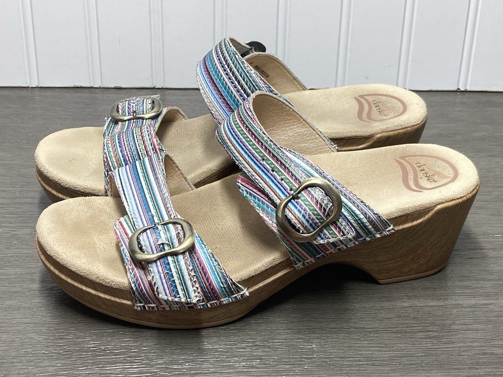 Dansko Sophie Sandals Womens 39 Leather Slip On Wood Shoes Buckle Straps Clogs