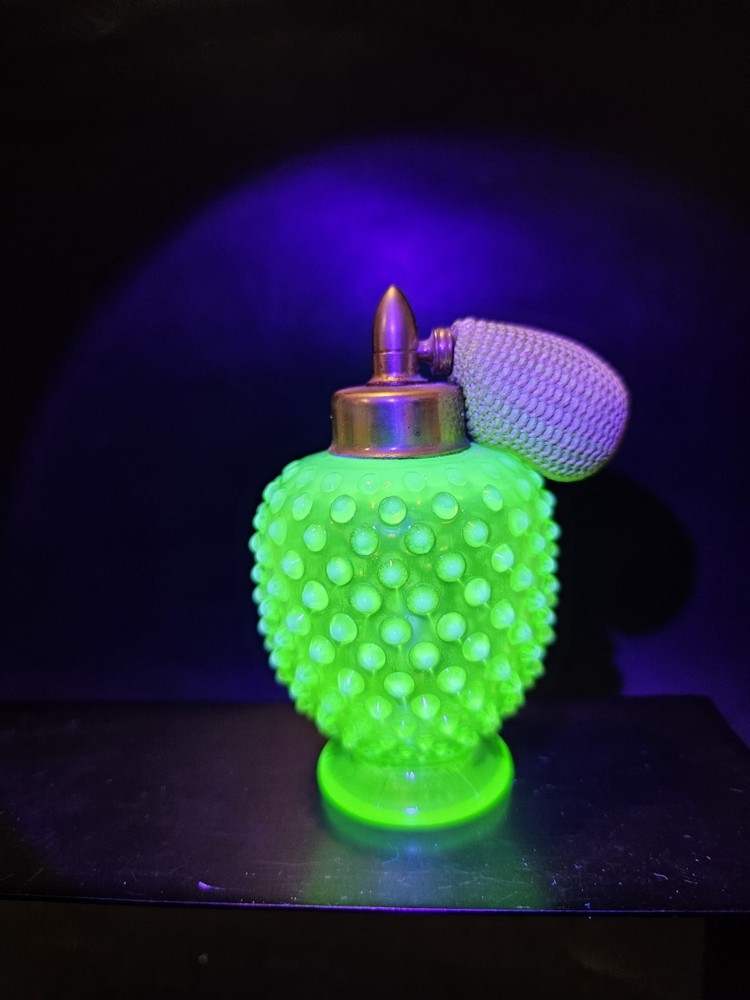 Fenton Uranium Glass Perfume Bottle DeVilbiss Green Opalescent Hobnail With Bulb