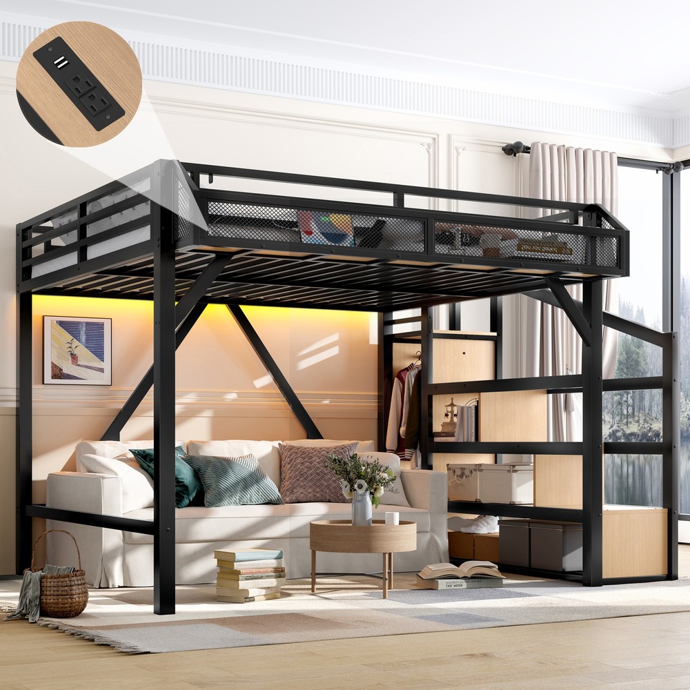 Queen Loft Bed with Storage Stairs, Shelves & Built-in Wardrobe, Metal Loft Bed