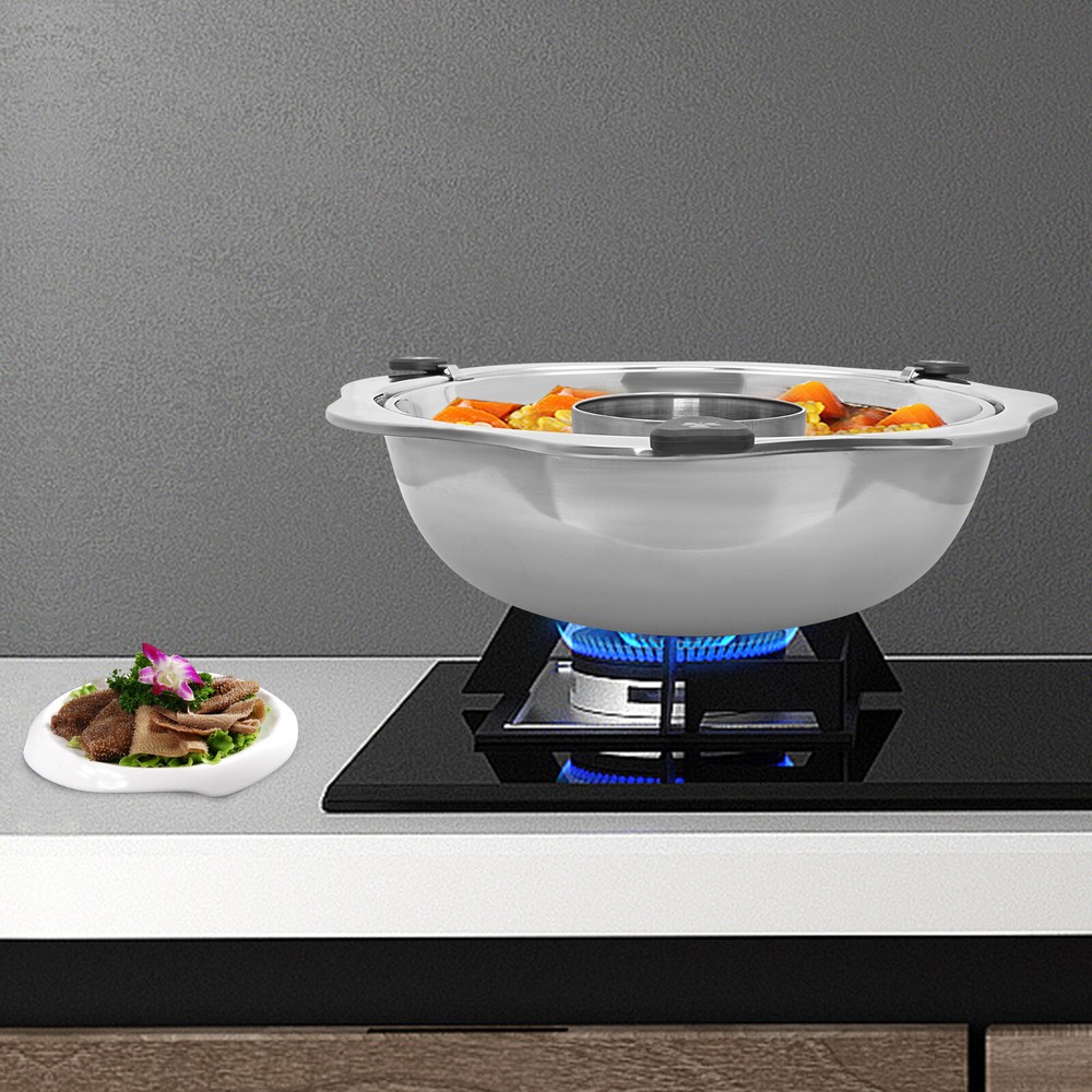 Hot Pot Lifting Two Grid Yin Yang Stainless Steel Fondue With Divider 45*45*12cm