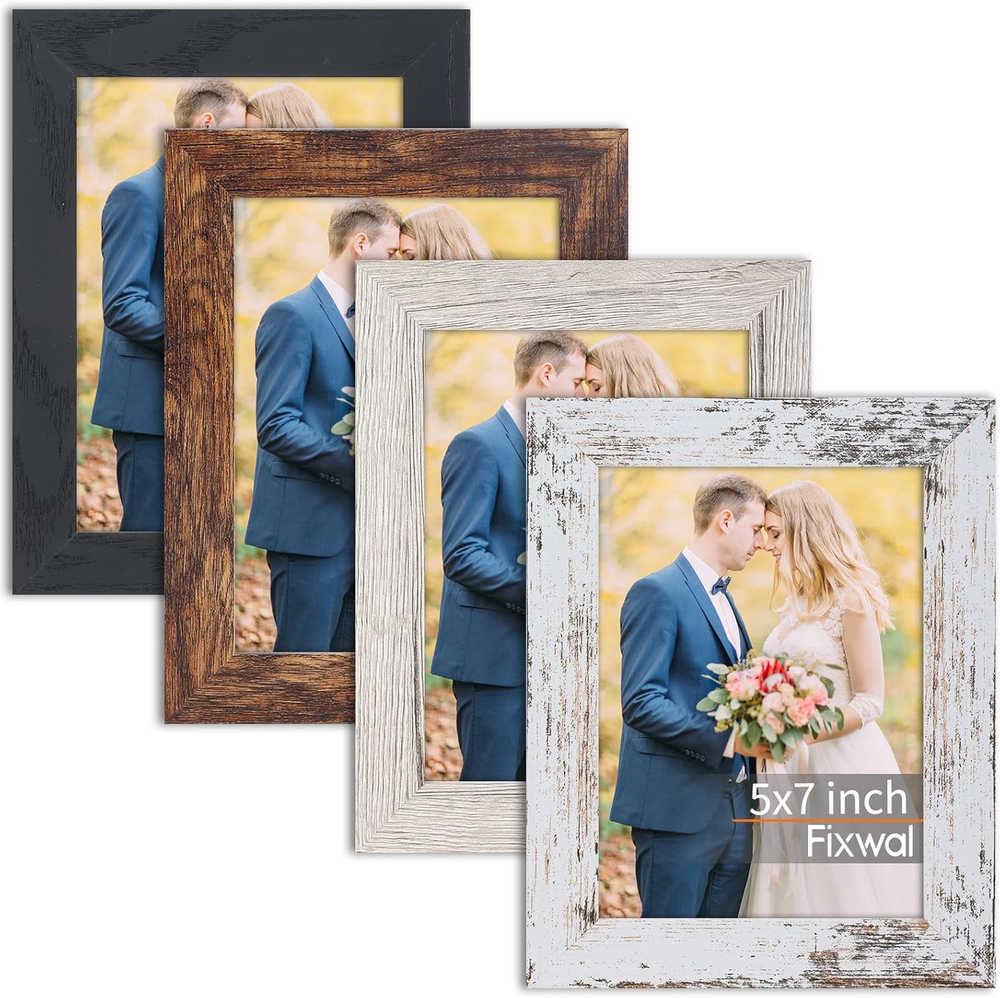 5X7 Picture Frame 4 Pack Distressed Vintage Farmhouse Wood Pattern Set, Display