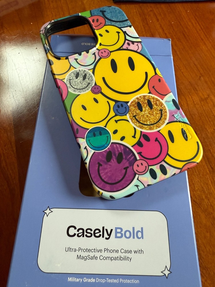 Casely Bold Smiley Face iPhone 15 Pro Max Protective Case with Fun Sticker Design