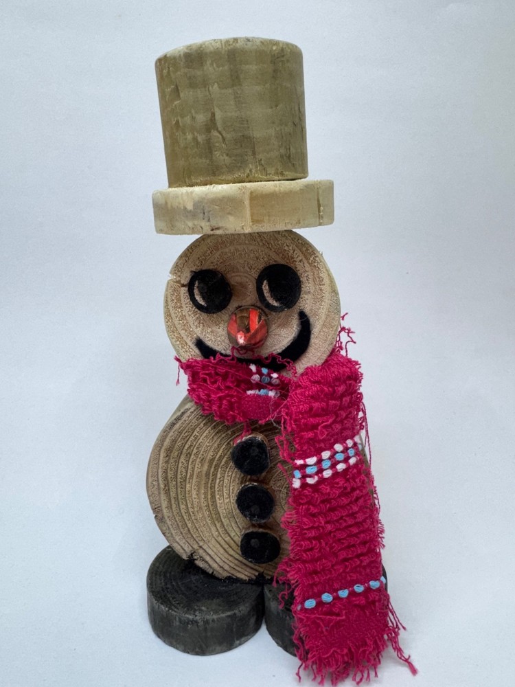 Hand made rustic wood slice snowman figurine - natural log holiday decor