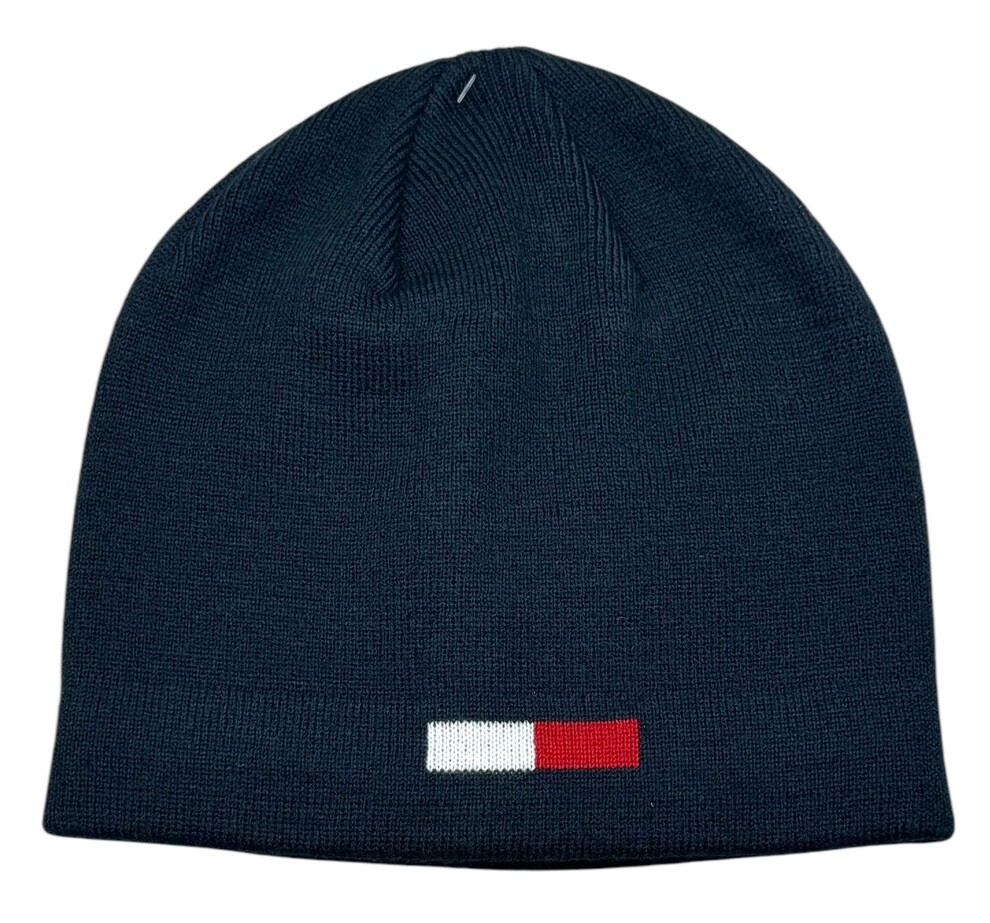 TOMMY HILFIGER Mens Navy Blue Knit Beanie with Flag Logo Acrylic OS