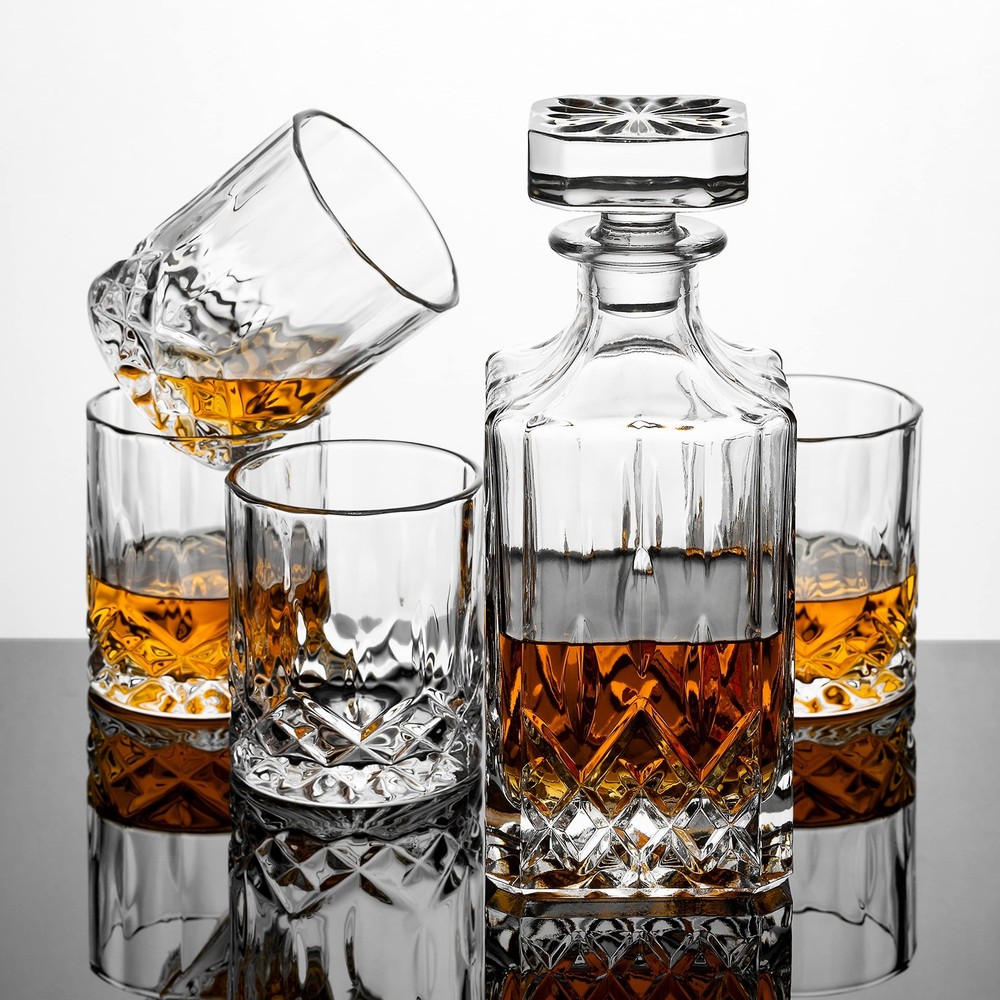 Whiskey Decanter Set with 4 Glasses in Gift Box, Unique Anniversary Housewarm...